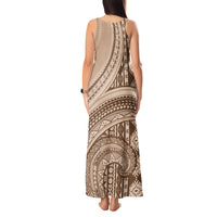 Bula Fiji Vintage Tapa Tank Maxi Dress Kaivity Masi Wave Motifs - Mocha LT7 - Polynesian Pride
