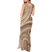 Bula Fiji Vintage Tapa Tank Maxi Dress Kaivity Masi Wave Motifs - Mocha LT7 - Polynesian Pride