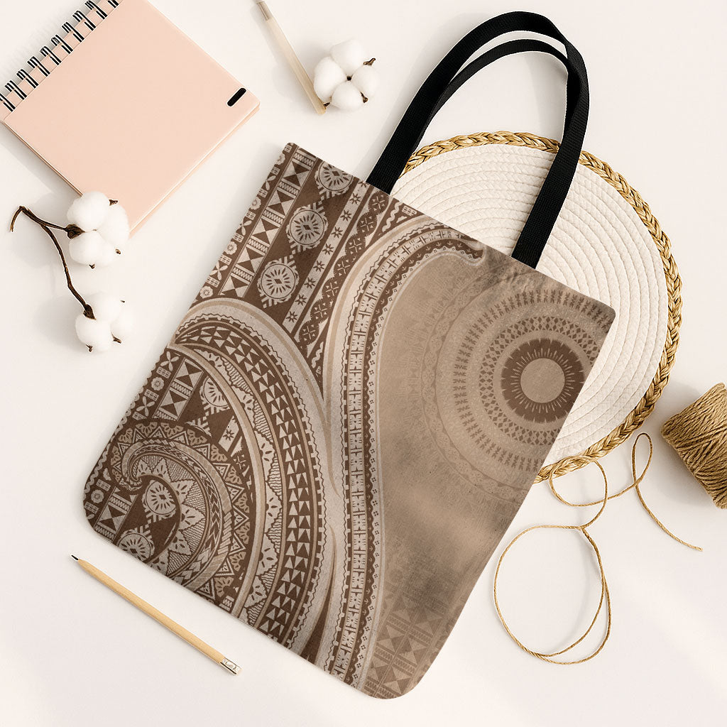 Bula Fiji Vintage Tapa Tote Bag Kaivity Masi Wave Motifs - Mocha