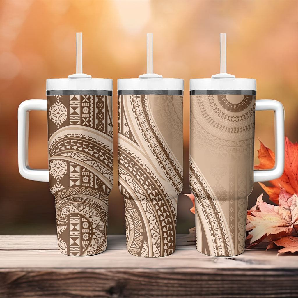 Bula Fiji Vintage Tapa Tumbler With Handle Kaivity Masi Wave Motifs - Mocha