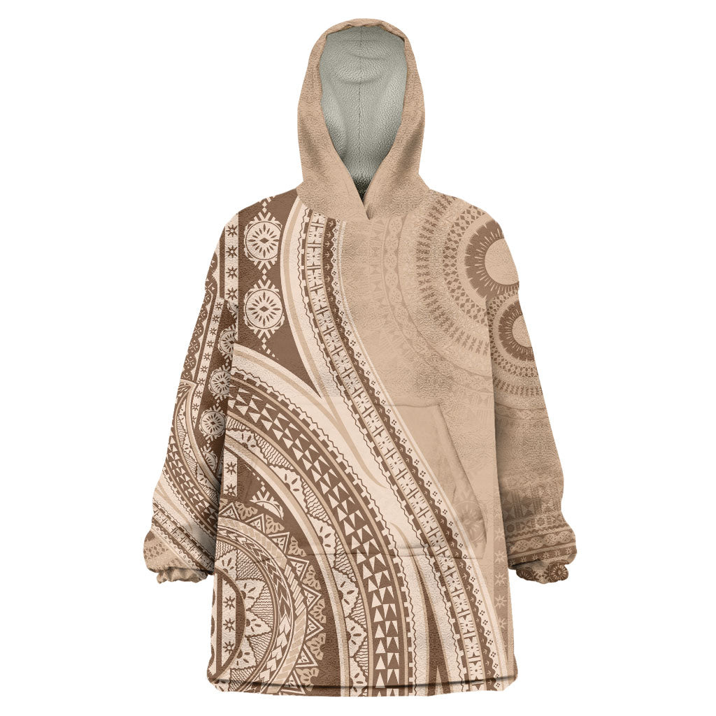 Bula Fiji Vintage Tapa Wearable Blanket Hoodie Kaivity Masi Wave Motifs - Mocha LT7 One Size Beige - Polynesian Pride
