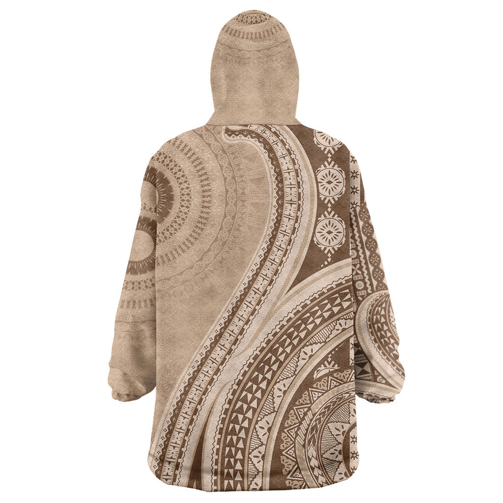 Bula Fiji Vintage Tapa Wearable Blanket Hoodie Kaivity Masi Wave Motifs - Mocha LT7 - Polynesian Pride