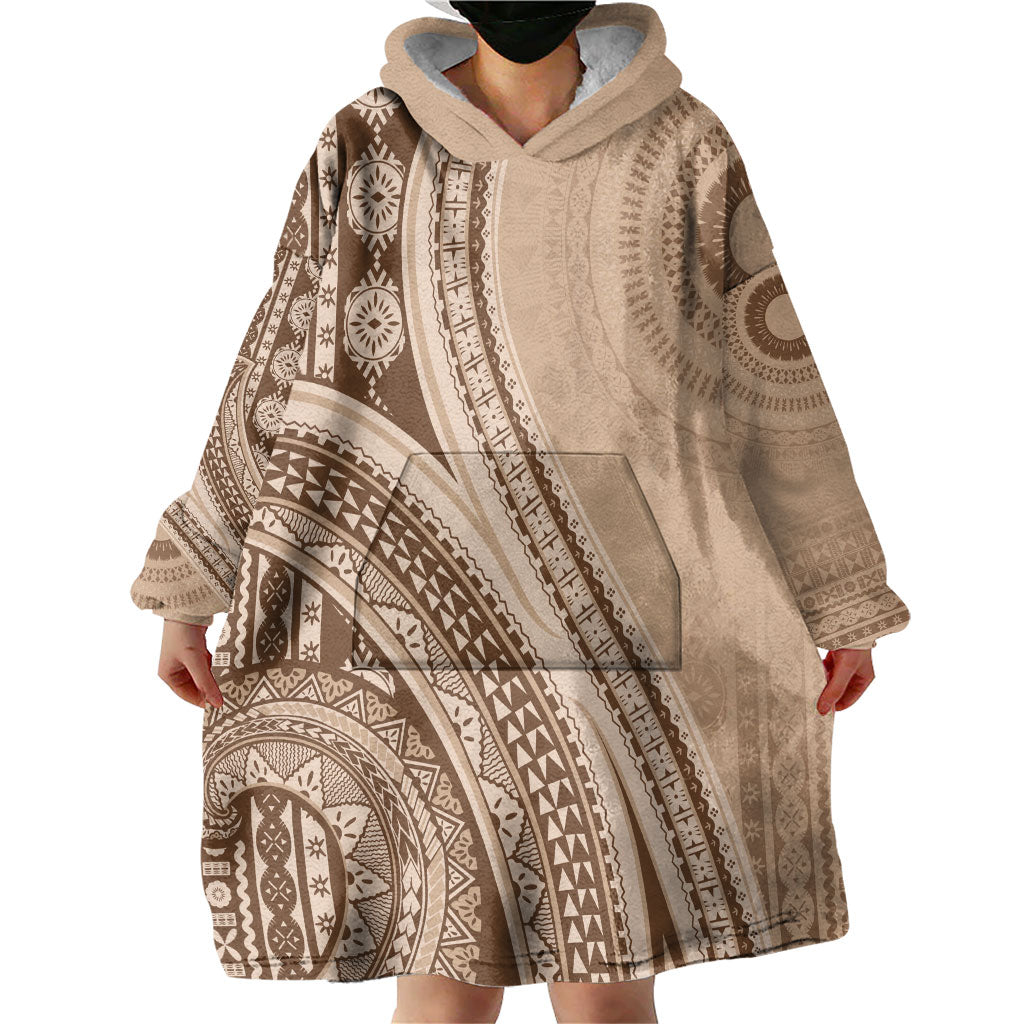 Bula Fiji Vintage Tapa Wearable Blanket Hoodie Kaivity Masi Wave Motifs - Mocha LT7 - Polynesian Pride