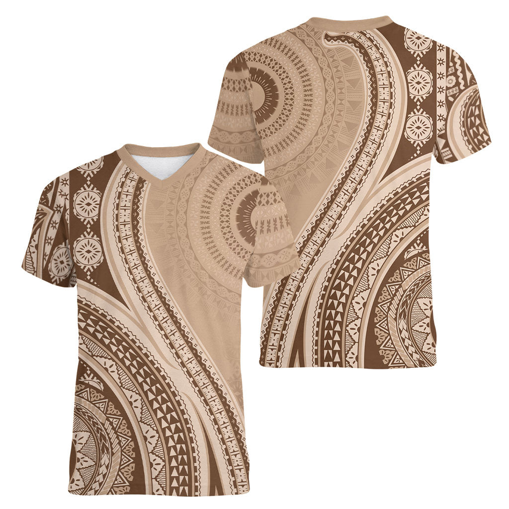 Bula Fiji Vintage Tapa Women V-Neck T-Shirt Kaivity Masi Wave Motifs - Mocha LT7 - Polynesian Pride