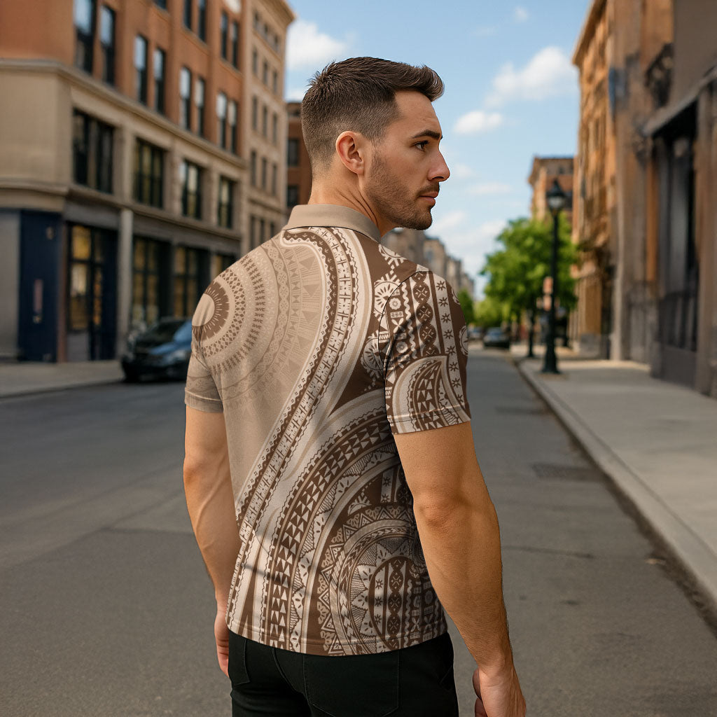 Bula Fiji Vintage Tapa Zipper Polo Shirt Kaivity Masi Wave Motifs - Mocha LT7 - Polynesian Pride