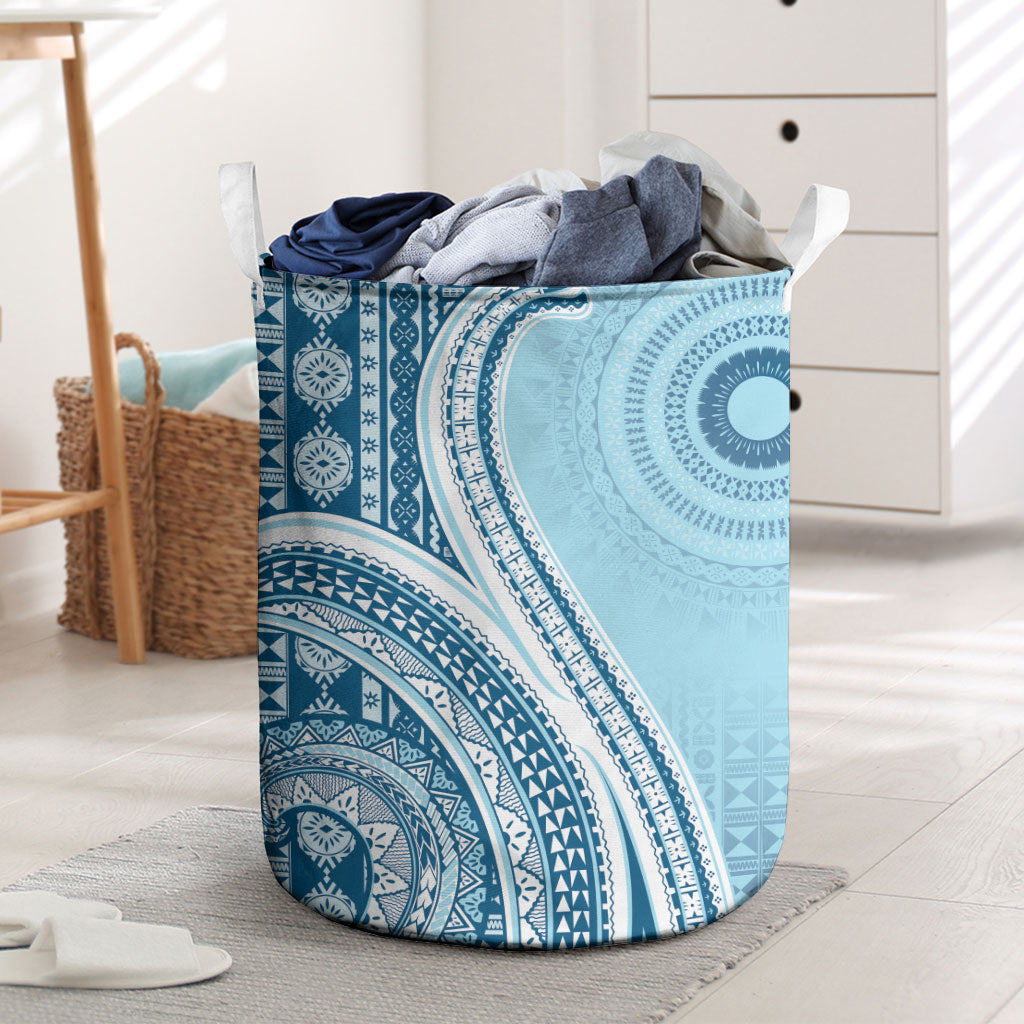 Bula Fiji Vintage Tapa Laundry Basket Kaivity Masi Wave Motifs - Turquoise LT7 Turquoise - Polynesian Pride