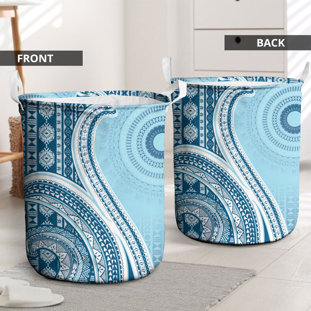 Bula Fiji Vintage Tapa Laundry Basket Kaivity Masi Wave Motifs - Turquoise LT7 - Polynesian Pride