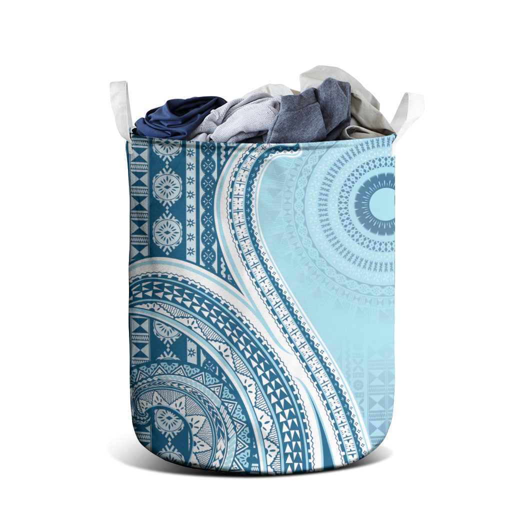 Bula Fiji Vintage Tapa Laundry Basket Kaivity Masi Wave Motifs - Turquoise LT7 - Polynesian Pride