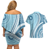 Bula Fiji Vintage Tapa Couples Matching Off Shoulder Short Dress and Hawaiian Shirt Kaivity Masi Wave Motifs - Turquoise