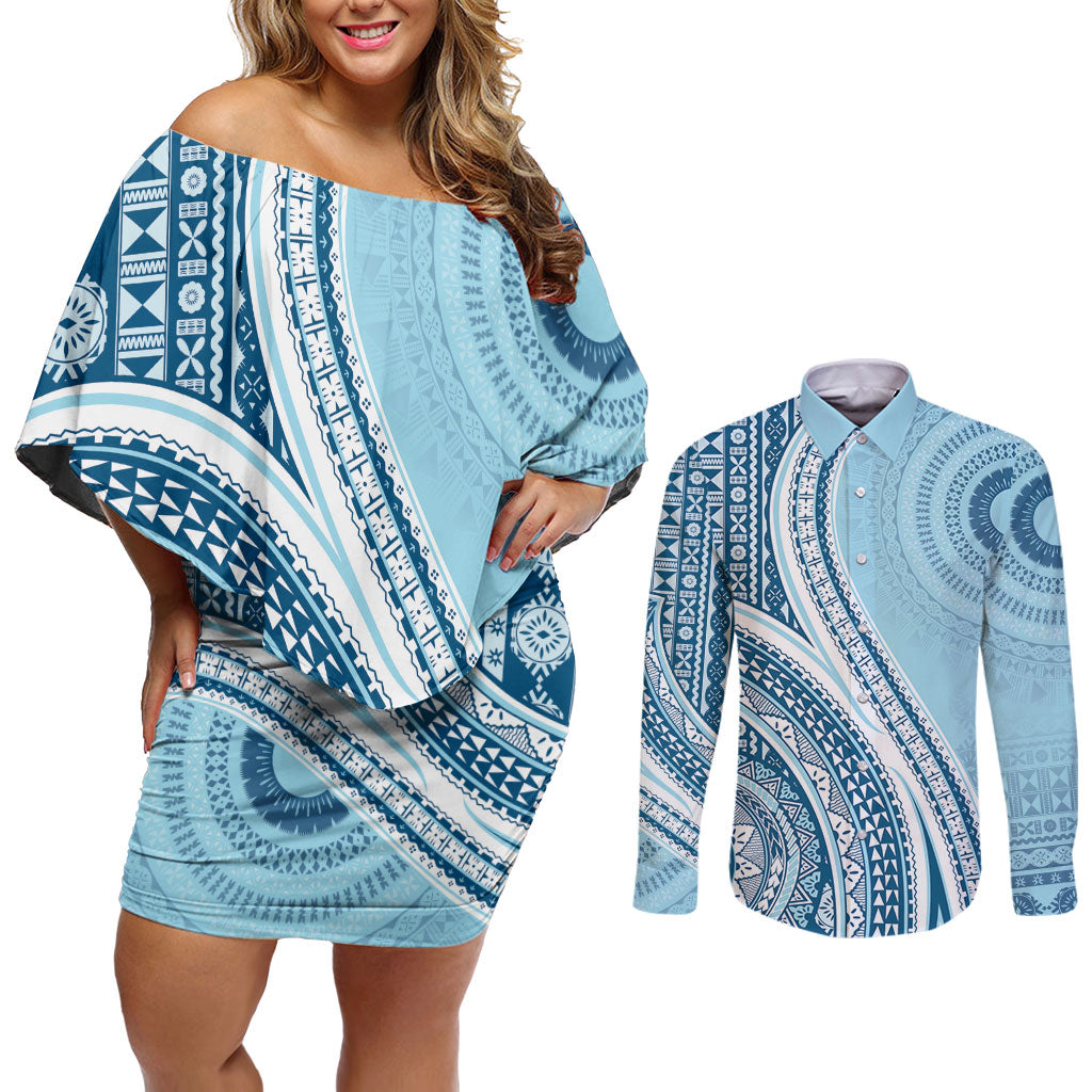 Bula Fiji Vintage Tapa Couples Matching Off Shoulder Short Dress and Long Sleeve Button Shirt Kaivity Masi Wave Motifs - Turquoise LT7 Turquoise - Polynesian Pride