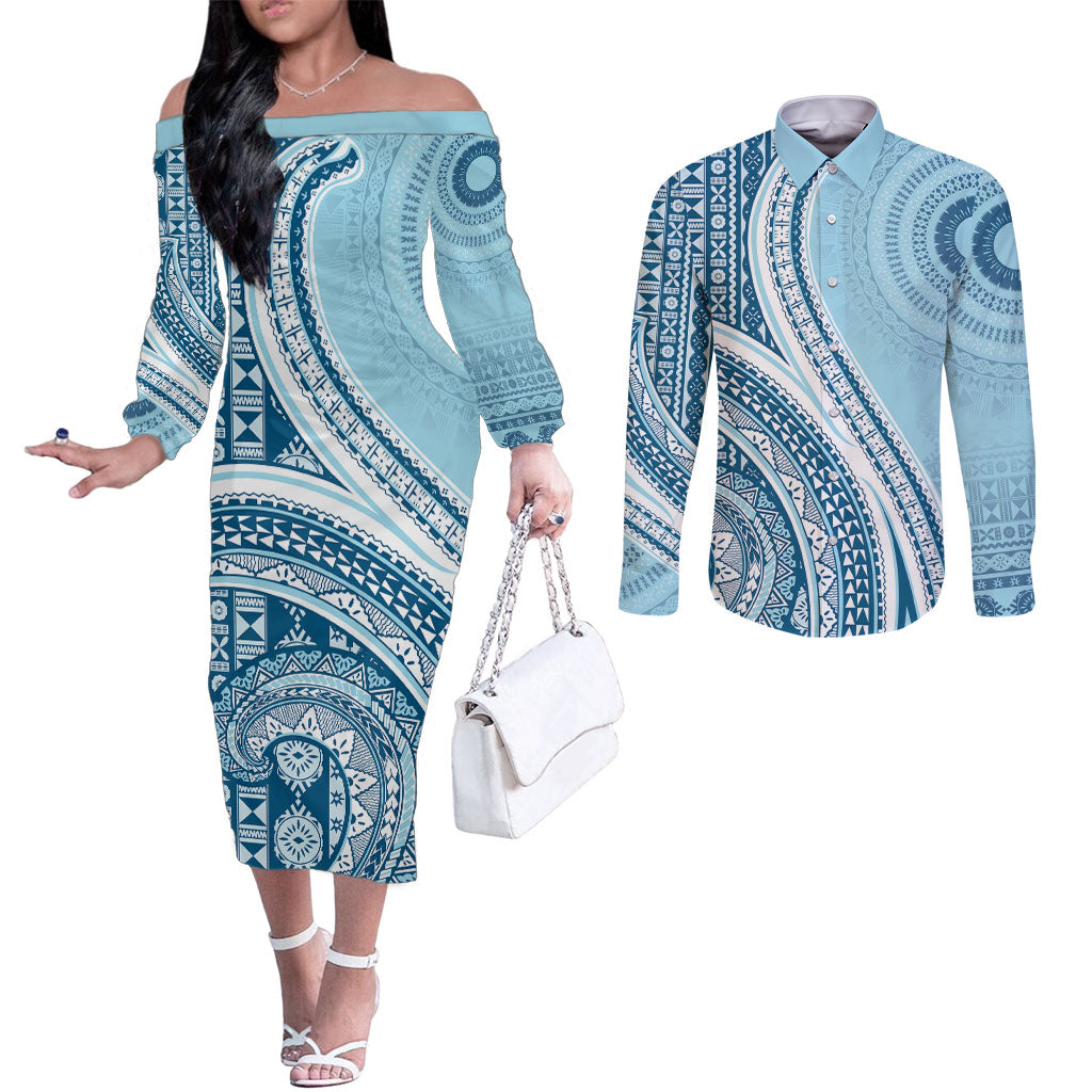 Bula Fiji Vintage Tapa Couples Matching Off The Shoulder Long Sleeve Dress and Long Sleeve Button Shirt Kaivity Masi Wave Motifs - Turquoise
