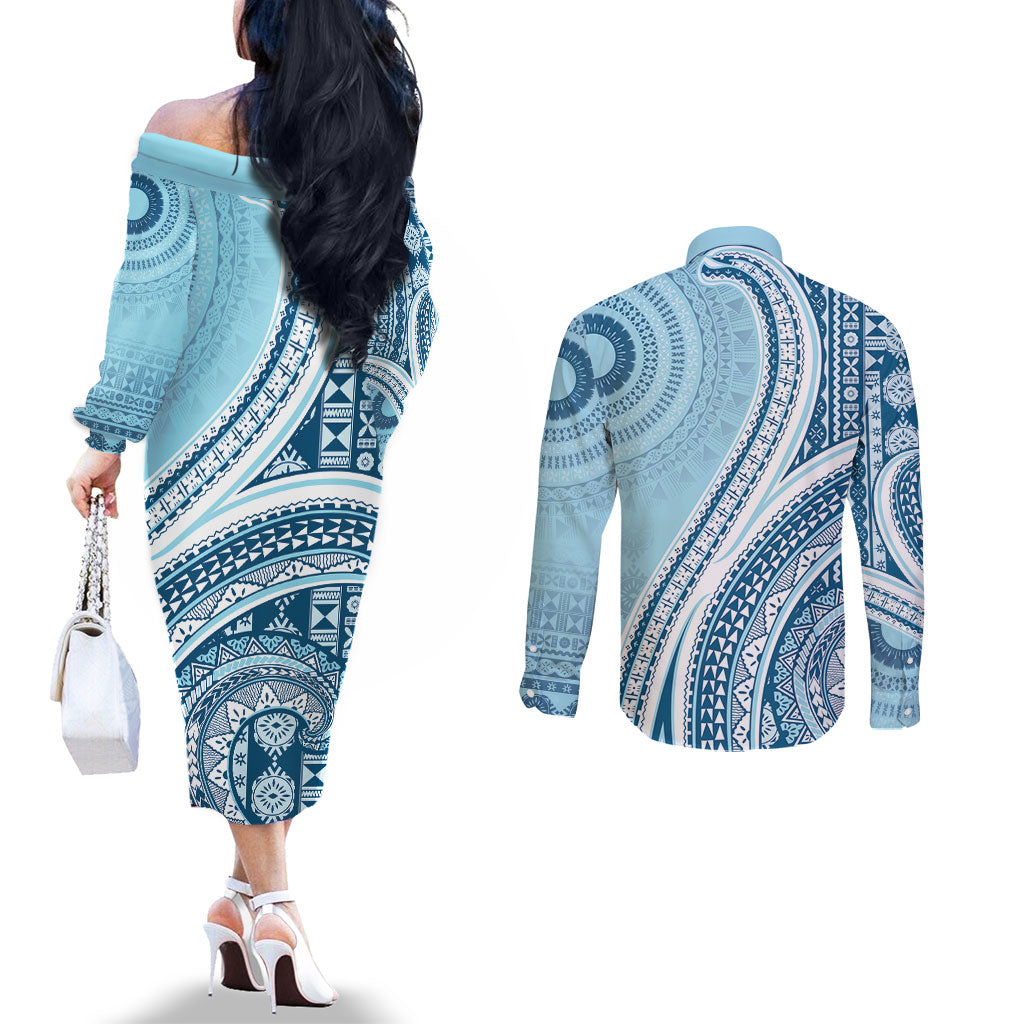 Bula Fiji Vintage Tapa Couples Matching Off The Shoulder Long Sleeve Dress and Long Sleeve Button Shirt Kaivity Masi Wave Motifs - Turquoise