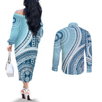 Bula Fiji Vintage Tapa Couples Matching Off The Shoulder Long Sleeve Dress and Long Sleeve Button Shirt Kaivity Masi Wave Motifs - Turquoise