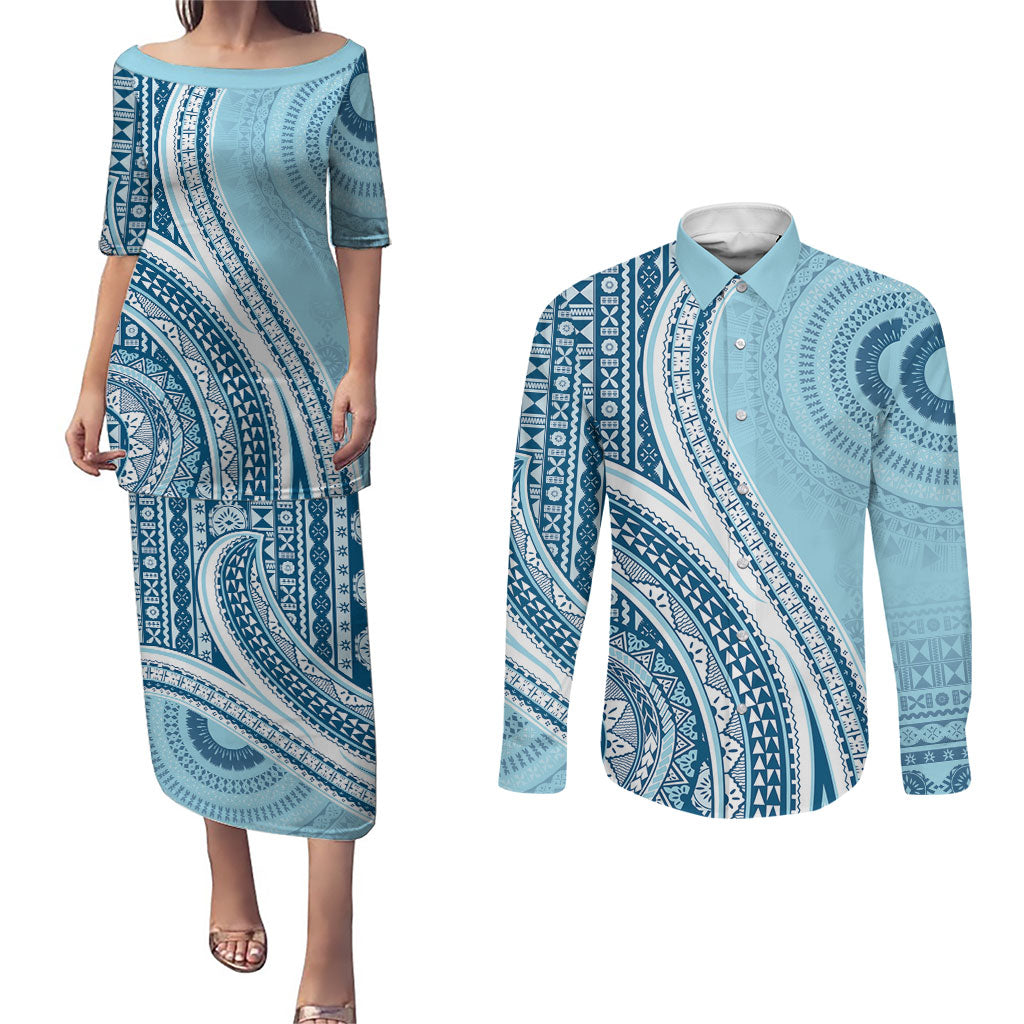 Bula Fiji Vintage Tapa Couples Matching Puletasi and Long Sleeve Button Shirt Kaivity Masi Wave Motifs - Turquoise LT7 Turquoise - Polynesian Pride
