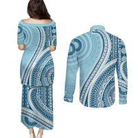 Bula Fiji Vintage Tapa Couples Matching Puletasi and Long Sleeve Button Shirt Kaivity Masi Wave Motifs - Turquoise LT7 - Polynesian Pride