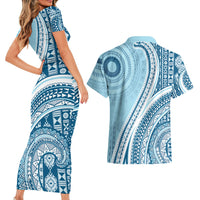 Bula Fiji Vintage Tapa Couples Matching Short Sleeve Bodycon Dress and Hawaiian Shirt Kaivity Masi Wave Motifs - Turquoise LT7 - Polynesian Pride