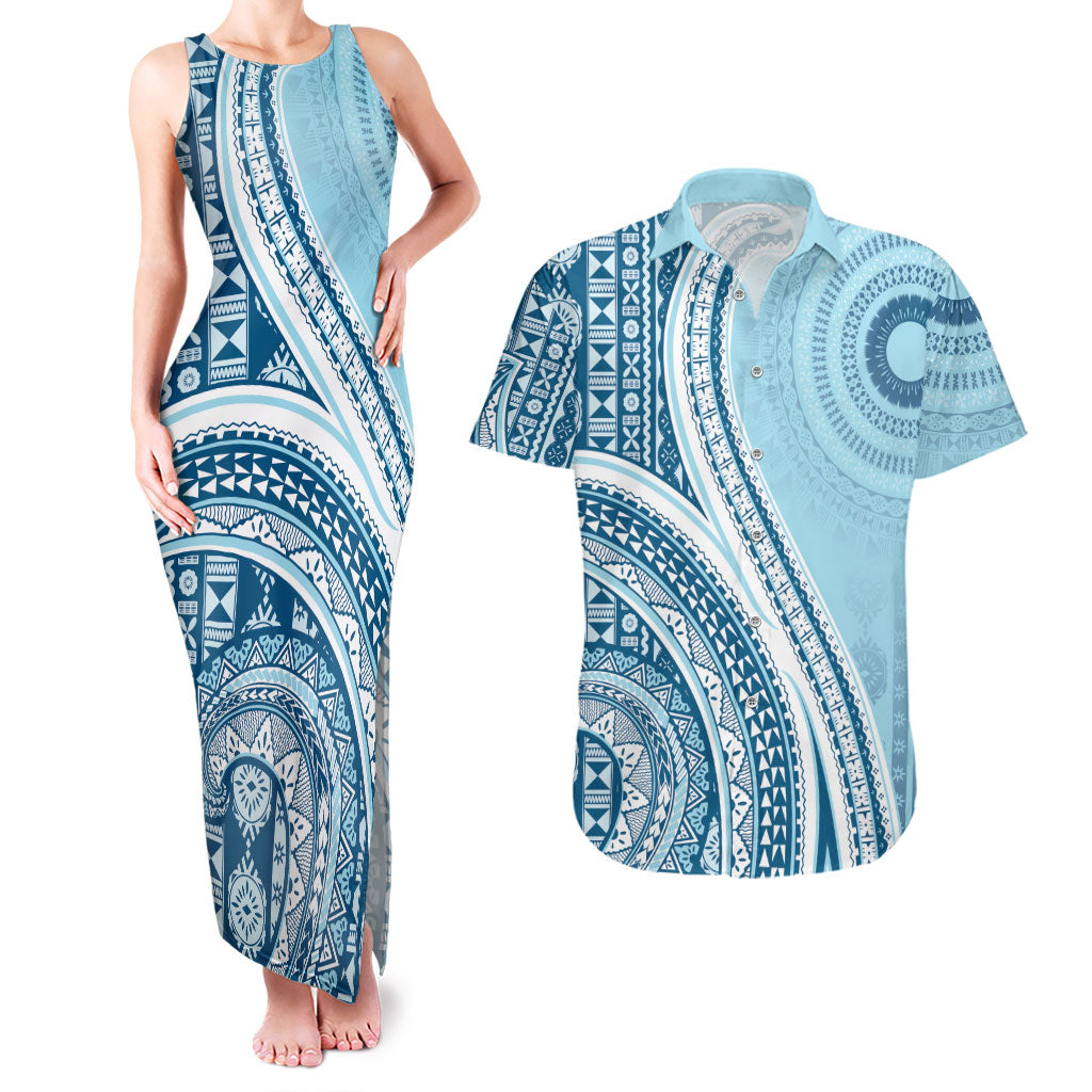 Bula Fiji Vintage Tapa Couples Matching Tank Maxi Dress and Hawaiian Shirt Kaivity Masi Wave Motifs - Turquoise