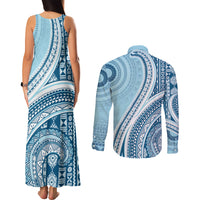 Bula Fiji Vintage Tapa Couples Matching Tank Maxi Dress and Long Sleeve Button Shirt Kaivity Masi Wave Motifs - Turquoise LT7 - Polynesian Pride