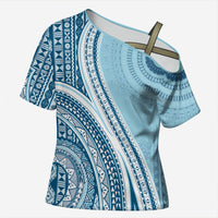 Bula Fiji Vintage Tapa Cross Shoulder Shirt Kaivity Masi Wave Motifs - Turquoise