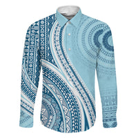 Bula Fiji Vintage Tapa Family Matching Off The Shoulder Long Sleeve Dress and Hawaiian Shirt Kaivity Masi Wave Motifs - Turquoise LT7 Dad's Shirt - Long Sleeve Turquoise - Polynesian Pride