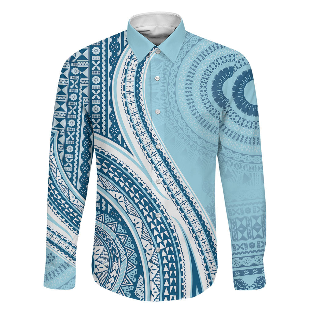 Bula Fiji Vintage Tapa Family Matching Off Shoulder Maxi Dress and Hawaiian Shirt Kaivity Masi Wave Motifs - Turquoise LT7 Dad's Shirt - Long Sleeve Turquoise - Polynesian Pride