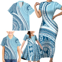 Bula Fiji Vintage Tapa Family Matching Short Sleeve Bodycon Dress and Hawaiian Shirt Kaivity Masi Wave Motifs - Turquoise LT7 - Polynesian Pride