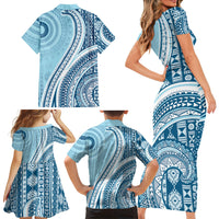 Bula Fiji Vintage Tapa Family Matching Short Sleeve Bodycon Dress and Hawaiian Shirt Kaivity Masi Wave Motifs - Turquoise LT7 - Polynesian Pride
