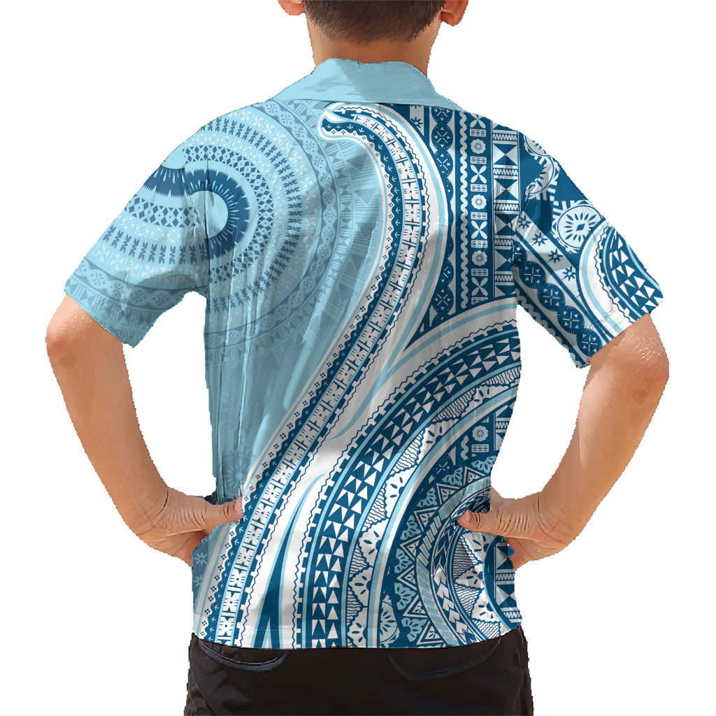 Bula Fiji Vintage Tapa Family Matching Summer Maxi Dress and Hawaiian Shirt Kaivity Masi Wave Motifs - Turquoise LT7 - Polynesian Pride