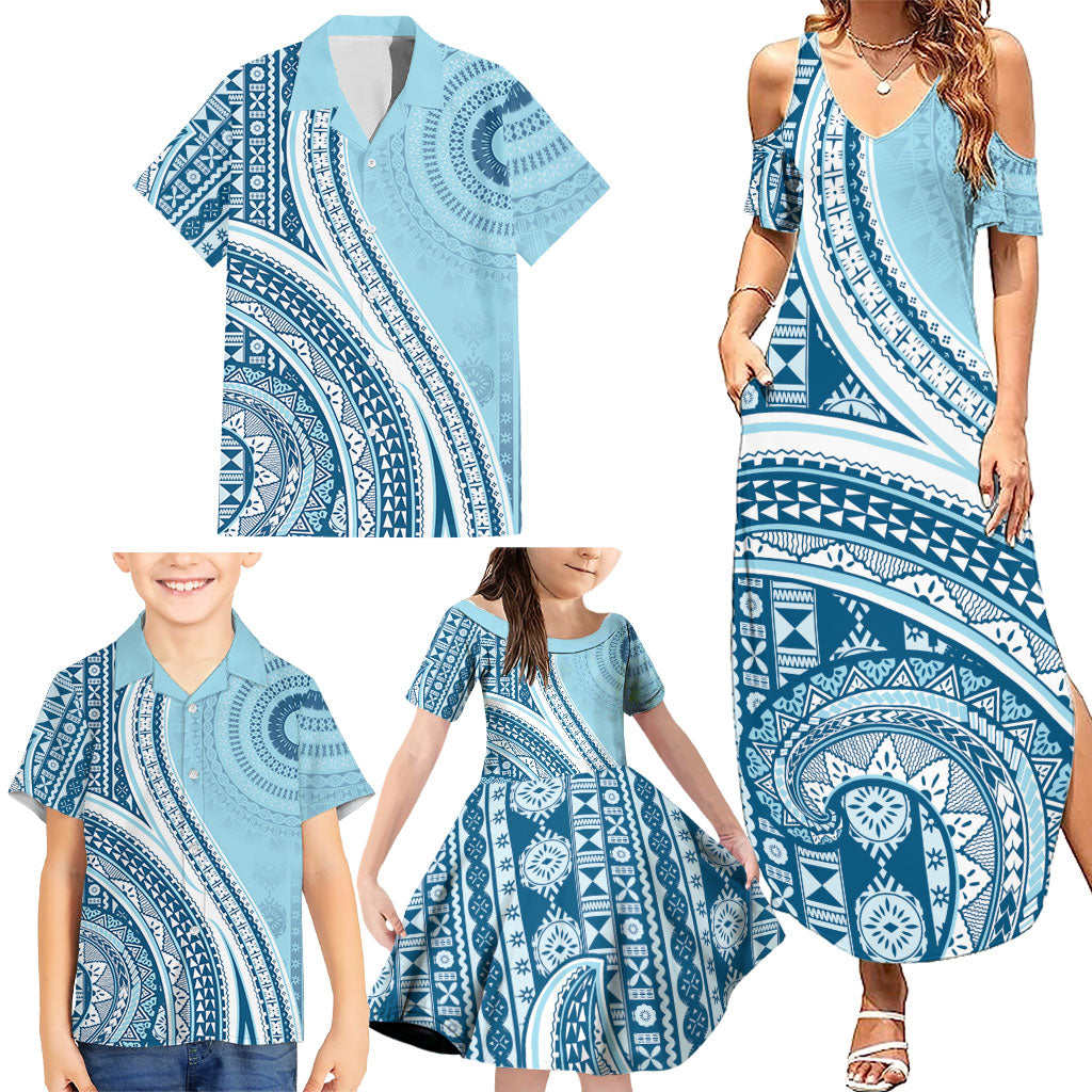 Bula Fiji Vintage Tapa Family Matching Summer Maxi Dress and Hawaiian Shirt Kaivity Masi Wave Motifs - Turquoise LT7 - Polynesian Pride