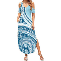 Bula Fiji Vintage Tapa Family Matching Summer Maxi Dress and Hawaiian Shirt Kaivity Masi Wave Motifs - Turquoise LT7 Mom's Dress Turquoise - Polynesian Pride