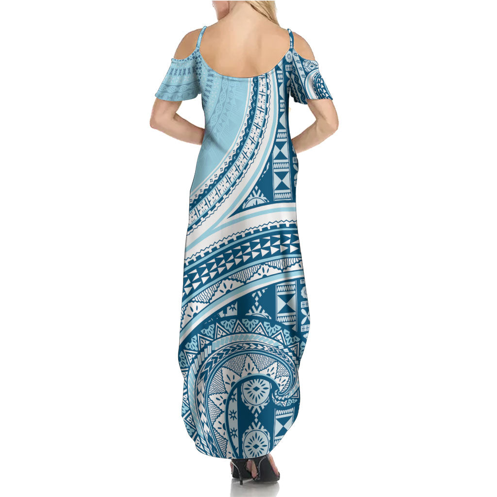 Bula Fiji Vintage Tapa Family Matching Summer Maxi Dress and Hawaiian Shirt Kaivity Masi Wave Motifs - Turquoise LT7 - Polynesian Pride