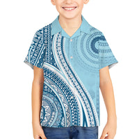 Bula Fiji Vintage Tapa Family Matching Summer Maxi Dress and Hawaiian Shirt Kaivity Masi Wave Motifs - Turquoise LT7 Son's Shirt Turquoise - Polynesian Pride