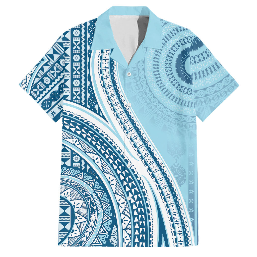 Bula Fiji Vintage Tapa Family Matching Tank Maxi Dress and Hawaiian Shirt Kaivity Masi Wave Motifs - Turquoise LT7 Dad's Shirt - Short Sleeve Turquoise - Polynesian Pride