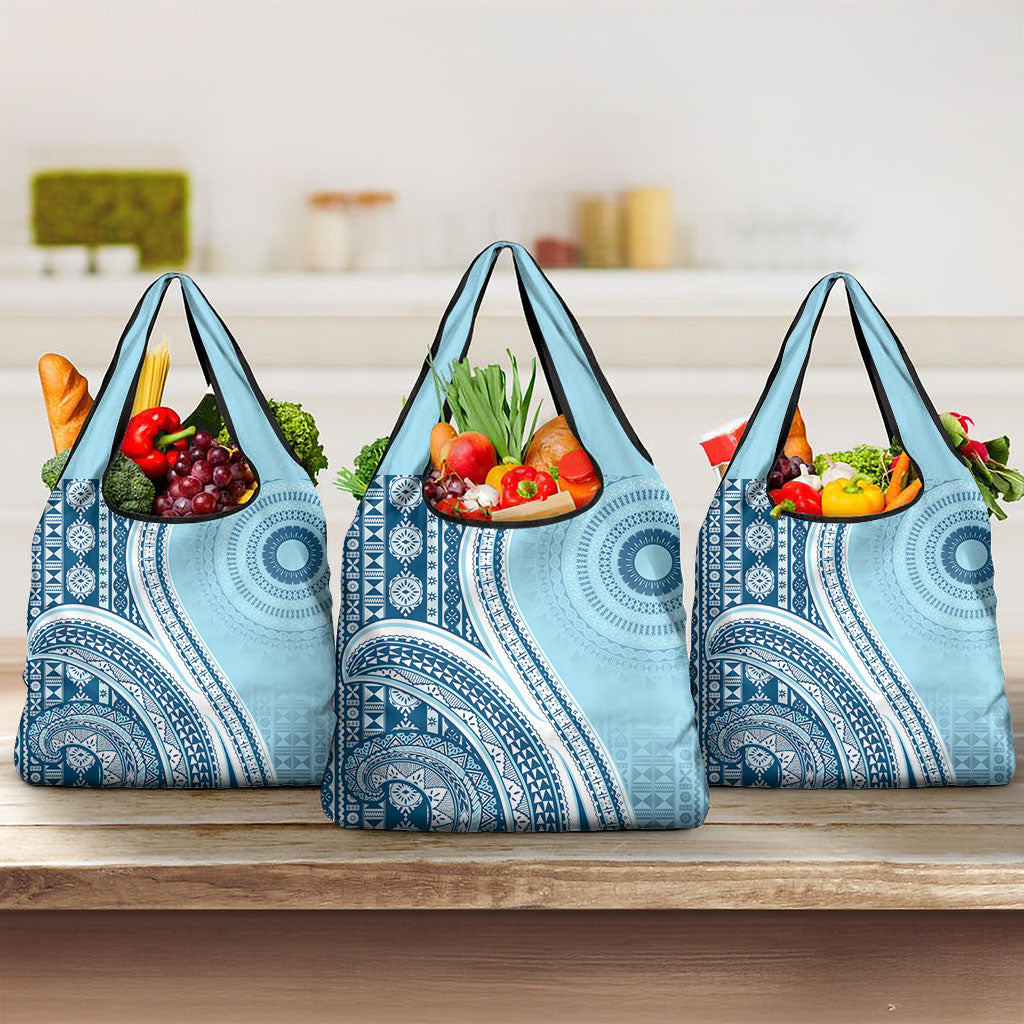 Bula Fiji Vintage Tapa Grocery Bag Kaivity Masi Wave Motifs - Turquoise