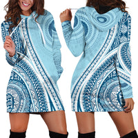 Bula Fiji Vintage Tapa Hoodie Dress Kaivity Masi Wave Motifs - Turquoise LT7 - Polynesian Pride
