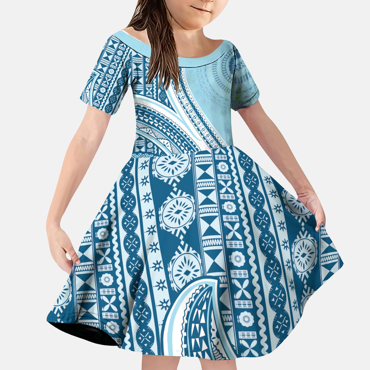 Bula Fiji Vintage Tapa Kid Short Sleeve Dress Kaivity Masi Wave Motifs - Turquoise