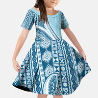 Bula Fiji Vintage Tapa Kid Short Sleeve Dress Kaivity Masi Wave Motifs - Turquoise LT7 KID Turquoise - Polynesian Pride