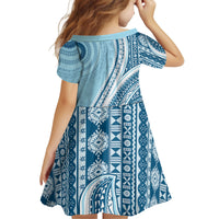 Bula Fiji Vintage Tapa Kid Short Sleeve Dress Kaivity Masi Wave Motifs - Turquoise LT7 - Polynesian Pride