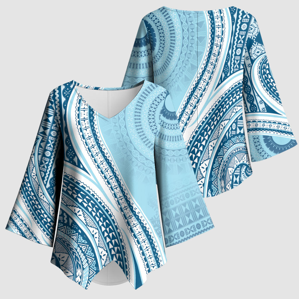 Bula Fiji Vintage Tapa Kimono Sleeve Blouse Kaivity Masi Wave Motifs - Turquoise