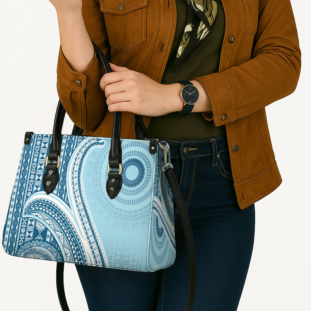 Bula Fiji Vintage Tapa Leather Bag Kaivity Masi Wave Motifs - Turquoise