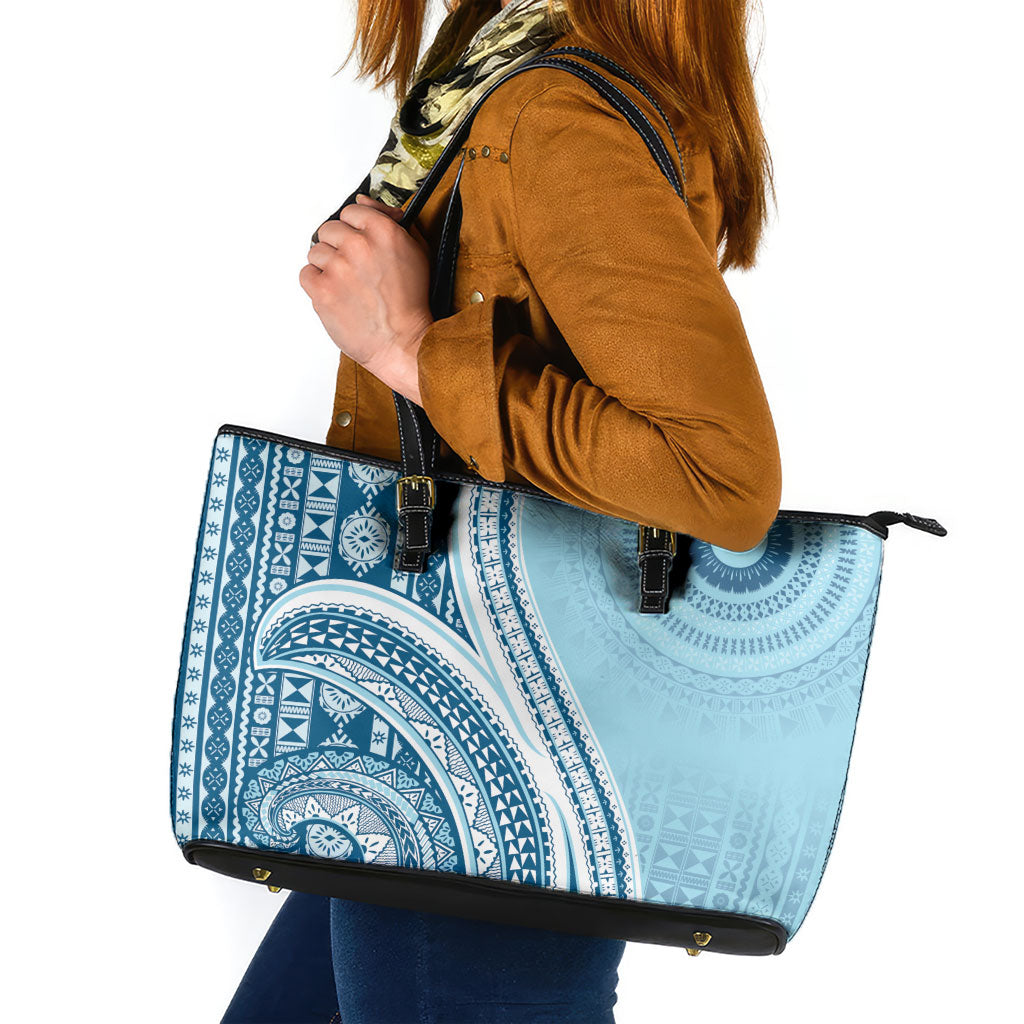 Bula Fiji Vintage Tapa Leather Tote Bag Kaivity Masi Wave Motifs - Turquoise