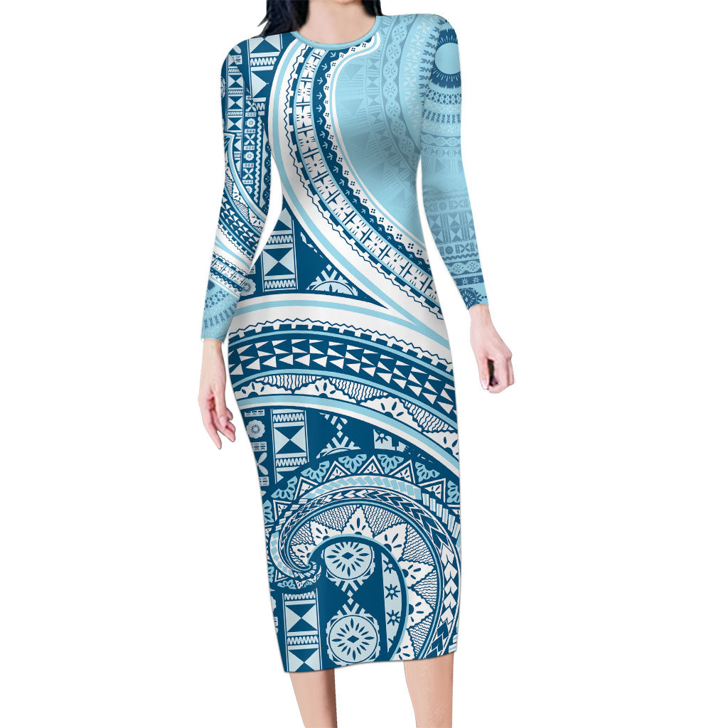 Bula Fiji Vintage Tapa Long Sleeve Bodycon Dress Kaivity Masi Wave Motifs - Turquoise