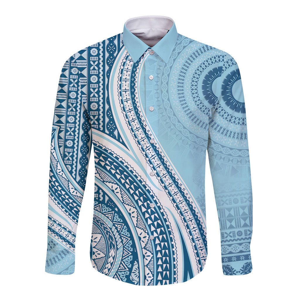 Bula Fiji Vintage Tapa Long Sleeve Button Shirt Kaivity Masi Wave Motifs - Turquoise