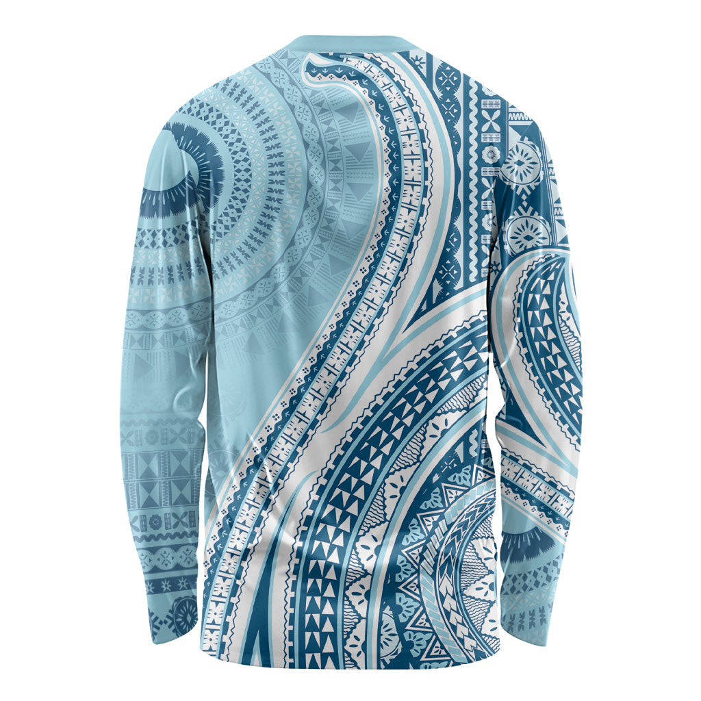 Bula Fiji Vintage Tapa Long Sleeve Shirt Kaivity Masi Wave Motifs - Turquoise