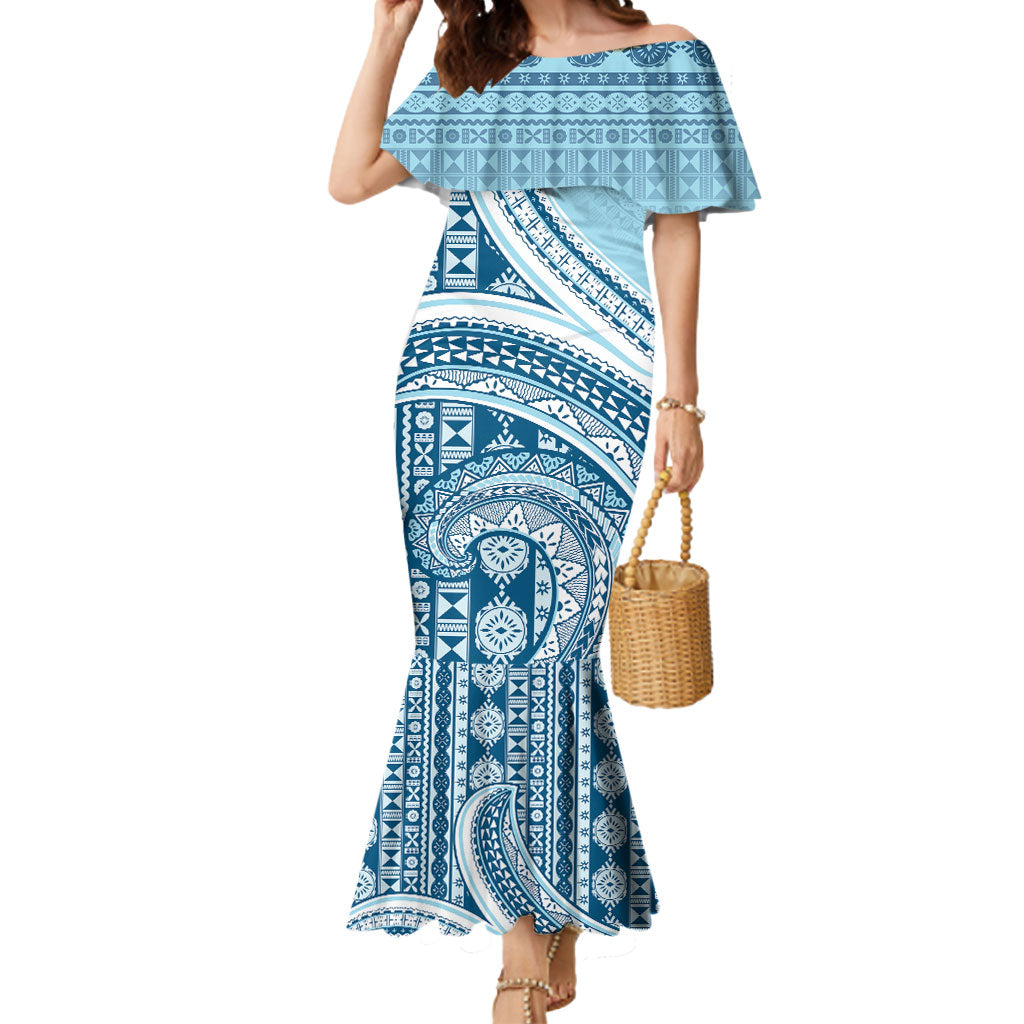 Bula Fiji Vintage Tapa Mermaid Dress Kaivity Masi Wave Motifs - Turquoise LT7 Women Turquoise - Polynesian Pride