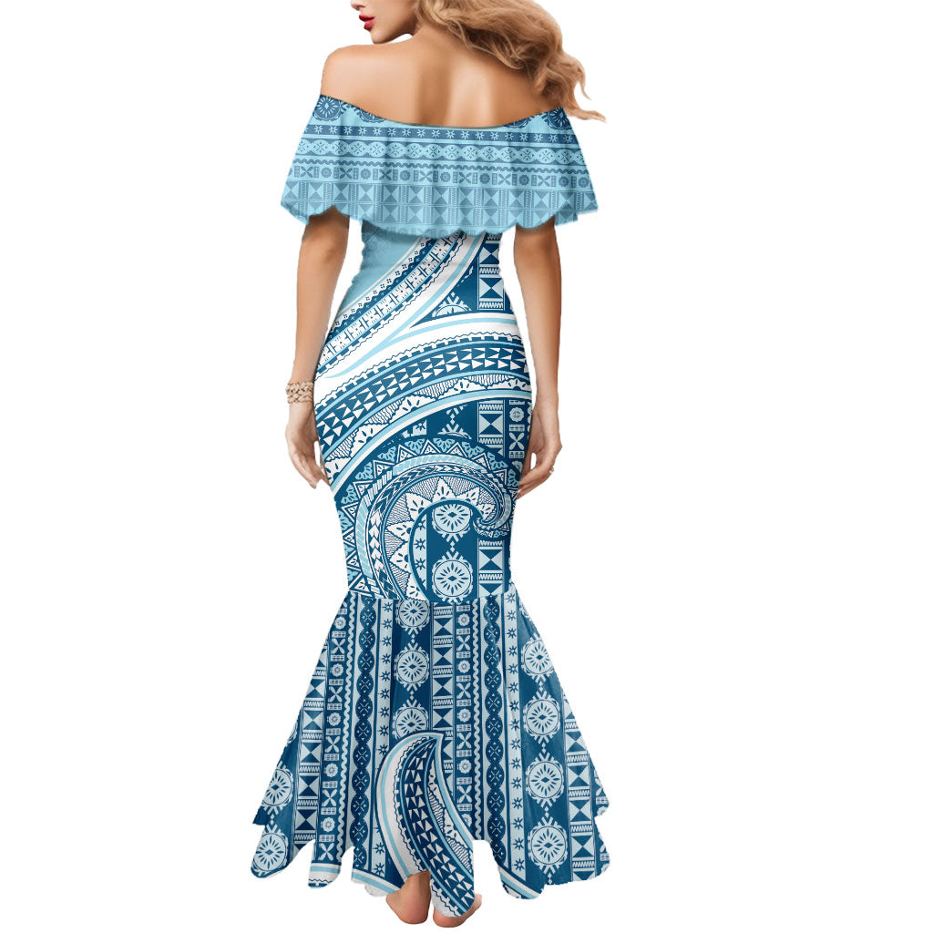 Bula Fiji Vintage Tapa Mermaid Dress Kaivity Masi Wave Motifs - Turquoise LT7 - Polynesian Pride