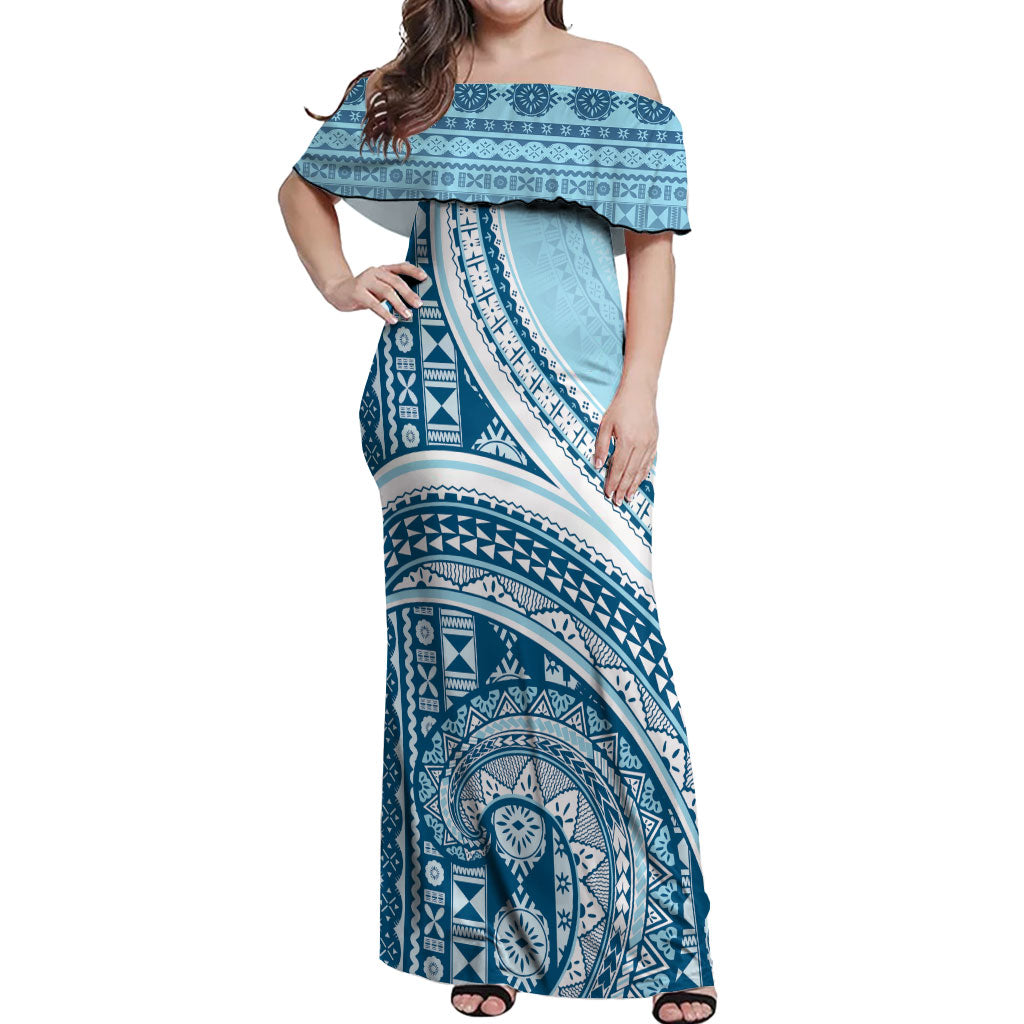 Bula Fiji Vintage Tapa Off Shoulder Maxi Dress Kaivity Masi Wave Motifs - Turquoise