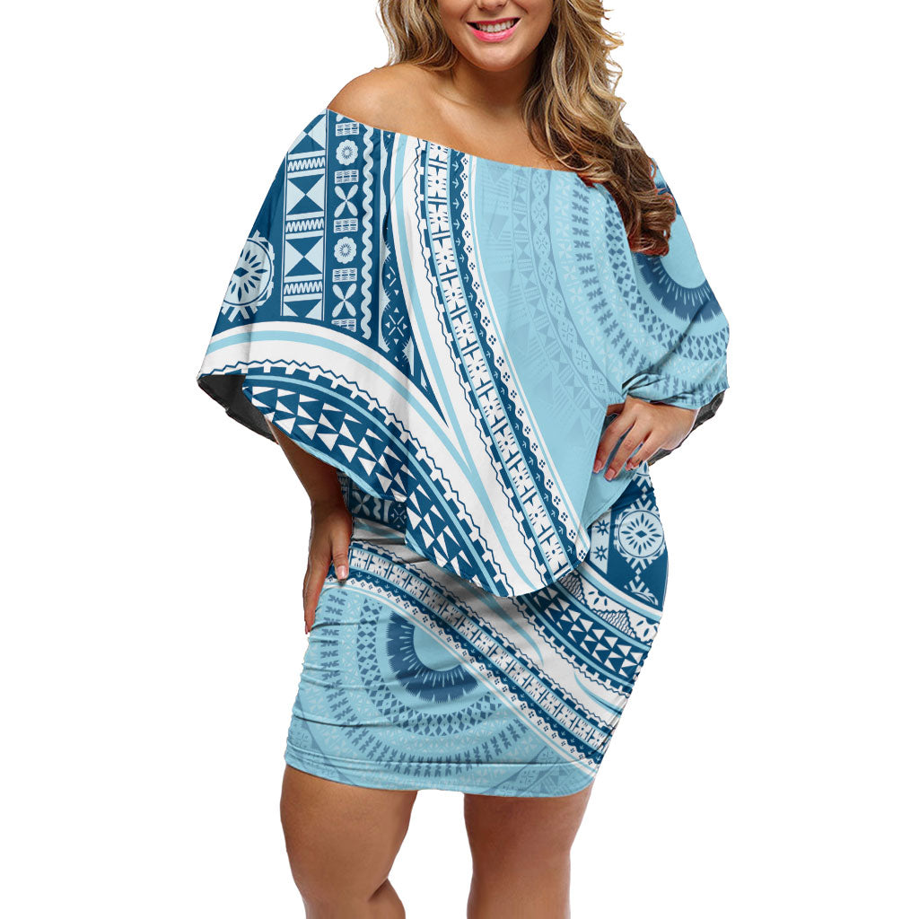 Bula Fiji Vintage Tapa Off Shoulder Short Dress Kaivity Masi Wave Motifs - Turquoise