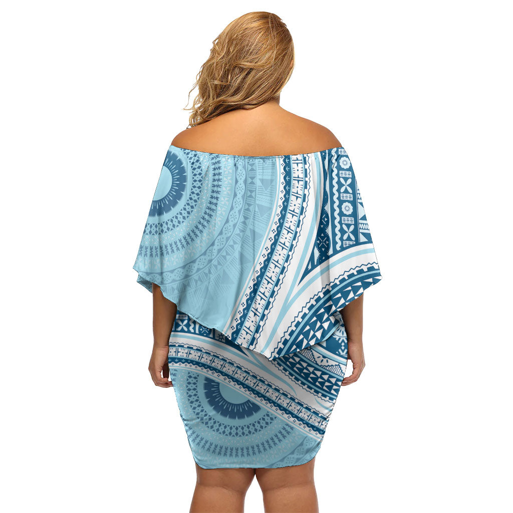 Bula Fiji Vintage Tapa Off Shoulder Short Dress Kaivity Masi Wave Motifs - Turquoise LT7 - Polynesian Pride