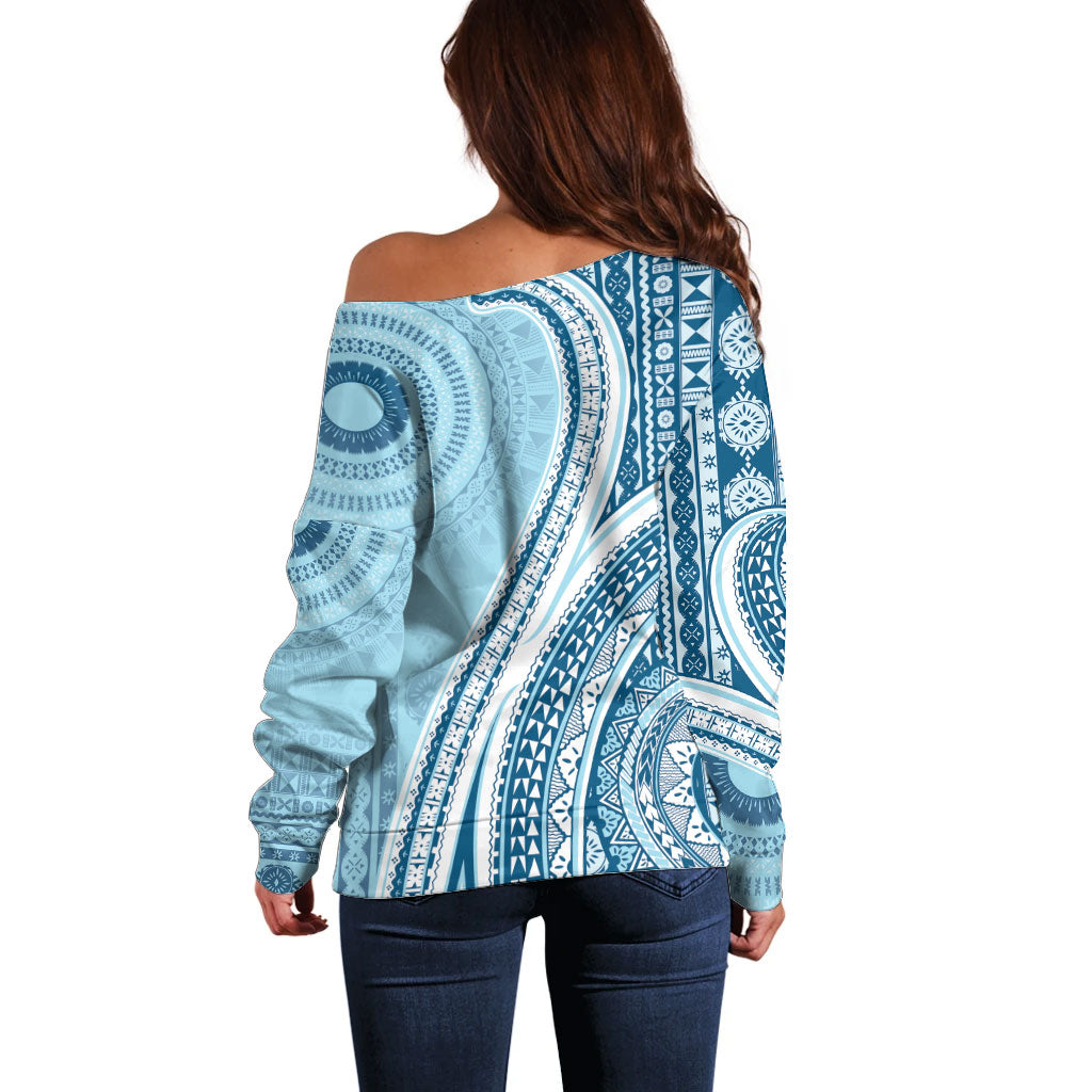 Bula Fiji Vintage Tapa Off Shoulder Sweater Kaivity Masi Wave Motifs - Turquoise